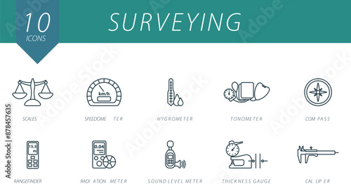 Surveying outline icons set. Creative icons: scales, speedometer, hygrometer, tonometer, compass, rangefinder, radiation meter, sound level meter, thickness gauge, calliper.
