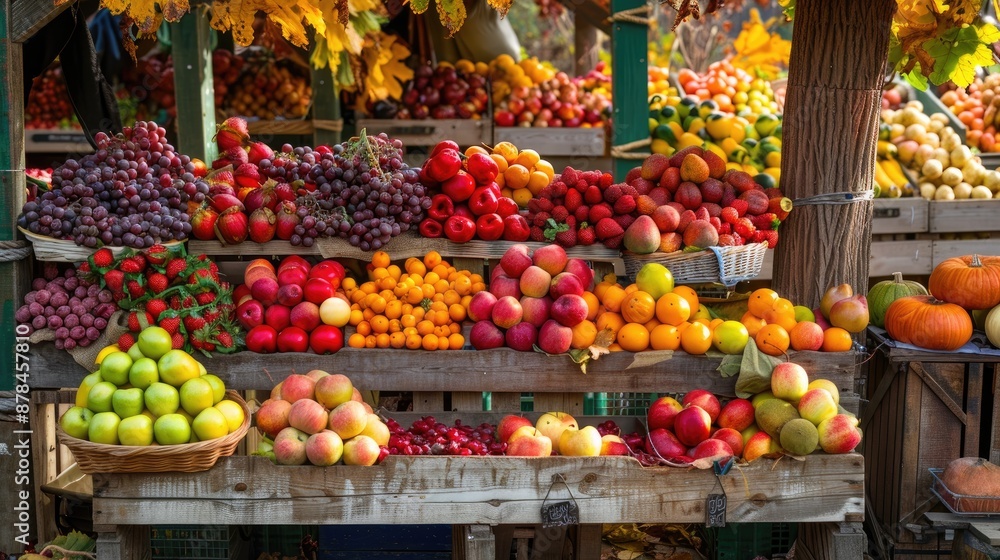 Farmer's market in autumn with a bountiful display of vibrant produce, showcasing seasonal abundance Farmer's market in autumn with a bountiful display of vibrant produce, showcasing seasonal abundance