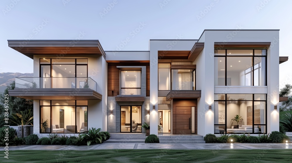 Modern two-story house with large windows and a spacious front yard. Modern two-story house with large windows and a spacious front yard.