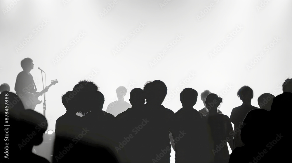 Obraz premium Silhouette of a live music concert with musician playing guitar and audience watching