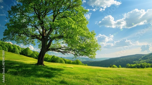 A Lone Tree on a Lush Green Meadow Under a Blue Sky © Naturalis