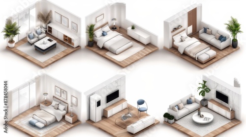 Six isometric illustrations of different rooms in a modern house, including a bedroom, living room and home office. © tinnakorn
