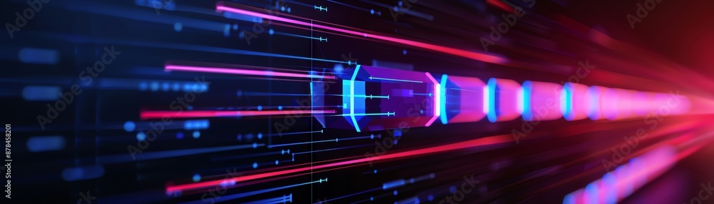 Fototapeta premium Abstract digital art with glowing lines and blue lights, representing technology and data.