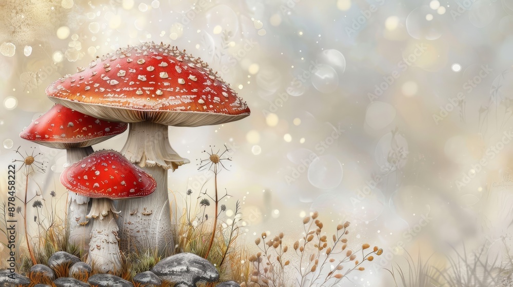 Obraz premium Three red and white spotted mushrooms in a whimsical forest setting, surrounded by soft light and delicate grass.
