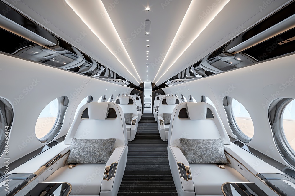 Naklejka premium Luxury private jet interior with white leather seats and sleek design.