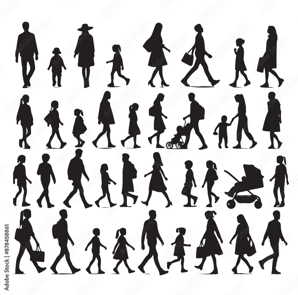 Obraz premium Set of Silhouette Walking People and Children. Illustration Vector 
