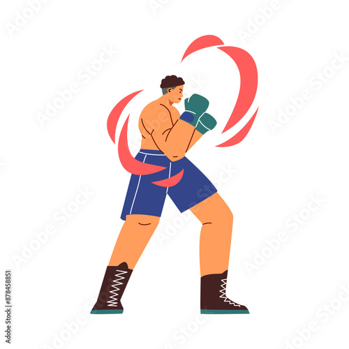 Strong professional man boxer fighter exercising, martial art, sport training wrestling flat vector with movement lines
