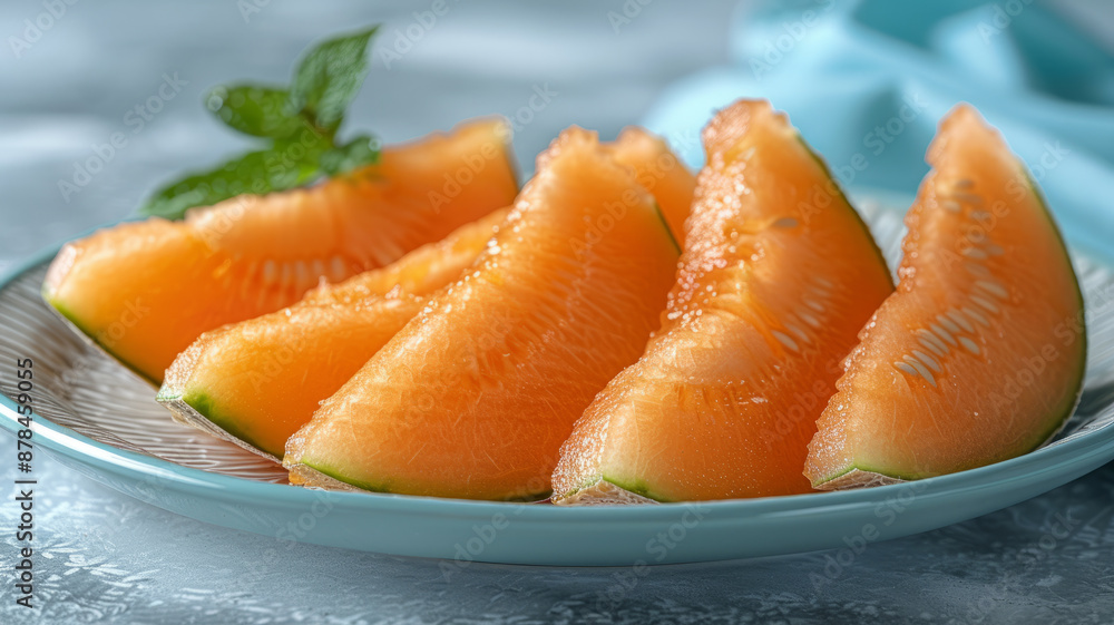 Plate of fresh cantaloupe melon slices with mint leaves. Plate of fresh cantaloupe melon slices with mint leaves.