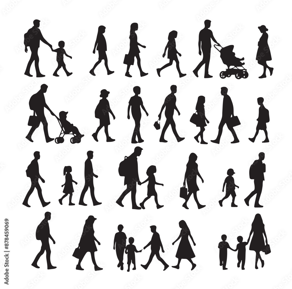 Fototapeta premium Set of Silhouette Walking People and Children. Illustration Vector 