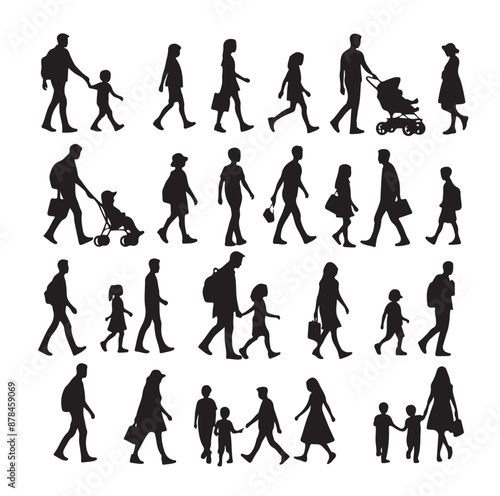 Set of Silhouette Walking People and Children. Illustration Vector 