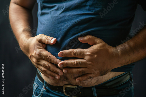 man touches his fat belly close plan, overweight, abdominal muscles, healthy living concept © VetalStock