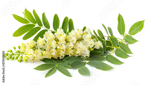 Blossoming acacia with leafs isolated on white background, Acacia flowers