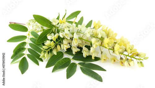 Blossoming acacia with leafs isolated on white background, Acacia flowers