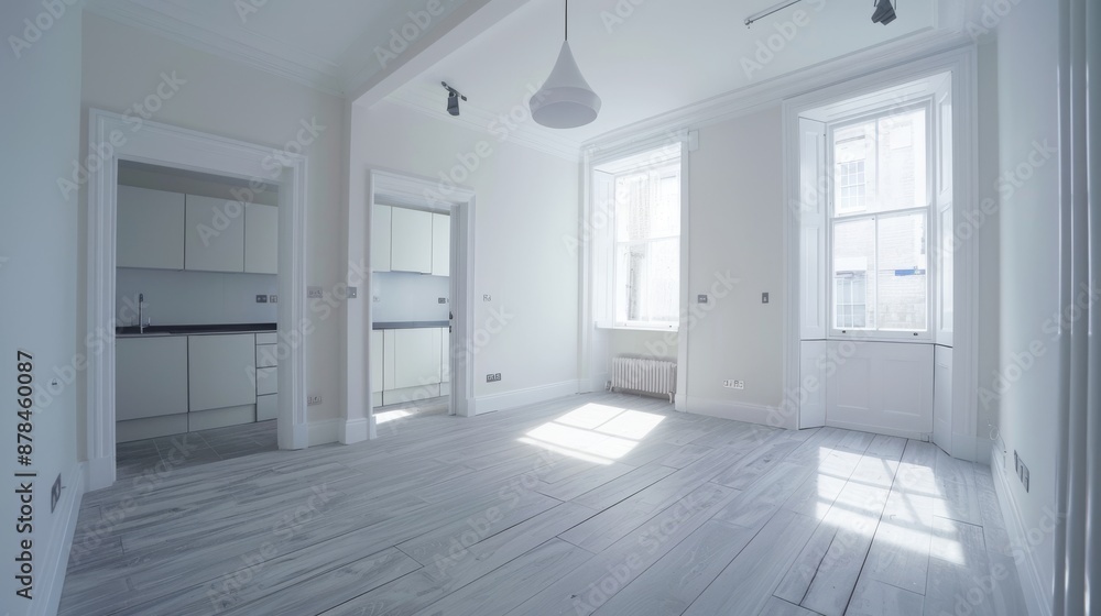 Bright modern empty kitchen and living area in London, UK with large windows Bright modern empty kitchen and living area in London, UK with large windows