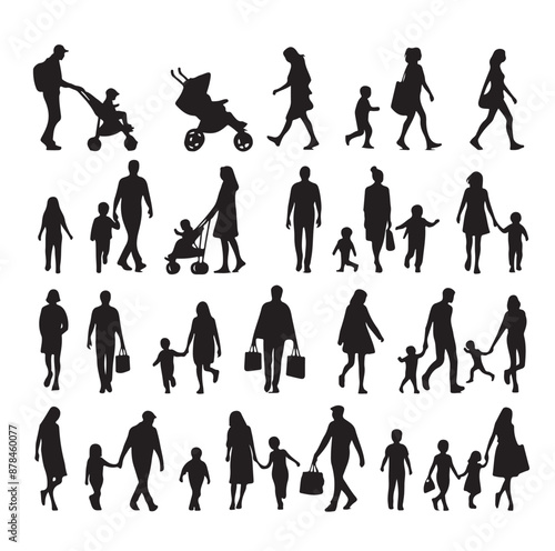 Set of Silhouette Walking People and Children. Illustration Vector 