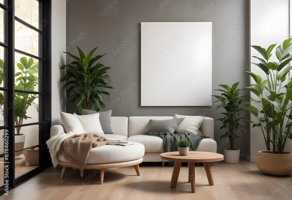 Fototapeta premium Frame with poster mockup in the room in a modern Scandinavian style. Generative AI