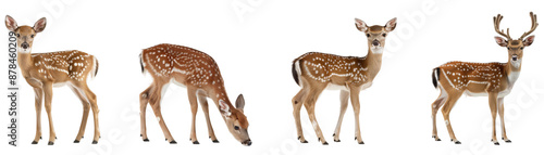 Four deer are standing in a row, with one of them looking at the camera photo