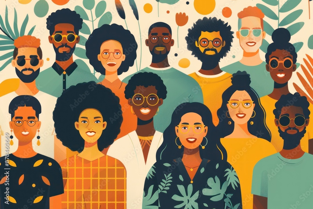 Flat design illustration showing a diverse group of people from different racial backgrounds standing together with smiles and supportive gestures. Each individual showcases unique cultural attire, Flat design illustration showing a diverse group of people from different racial backgrounds standing together with smiles and supportive gestures. Each individual showcases unique cultural attire,