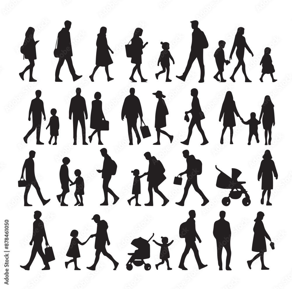 Fototapeta premium Set of Silhouette Walking People and Children. Illustration Vector 