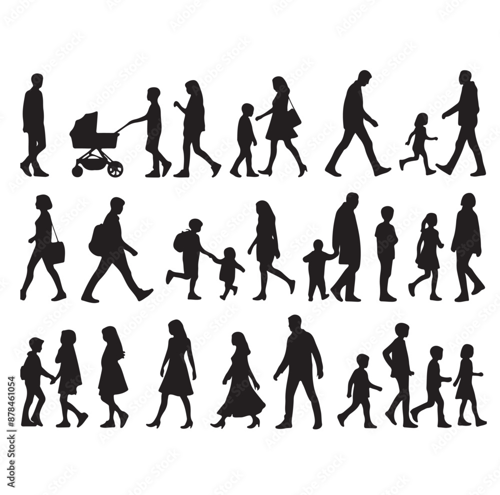 Obraz premium Set of Silhouette Walking People and Children. Illustration Vector 