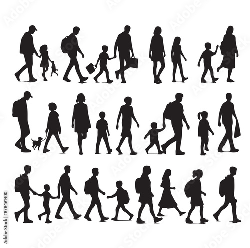 Set of Silhouette Walking People and Children. Illustration Vector 