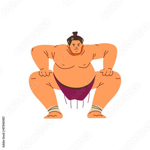Angry sumo wrestler standing in crouch stance, fighting Japanese traditional martial art, heavy sportsman vector flat