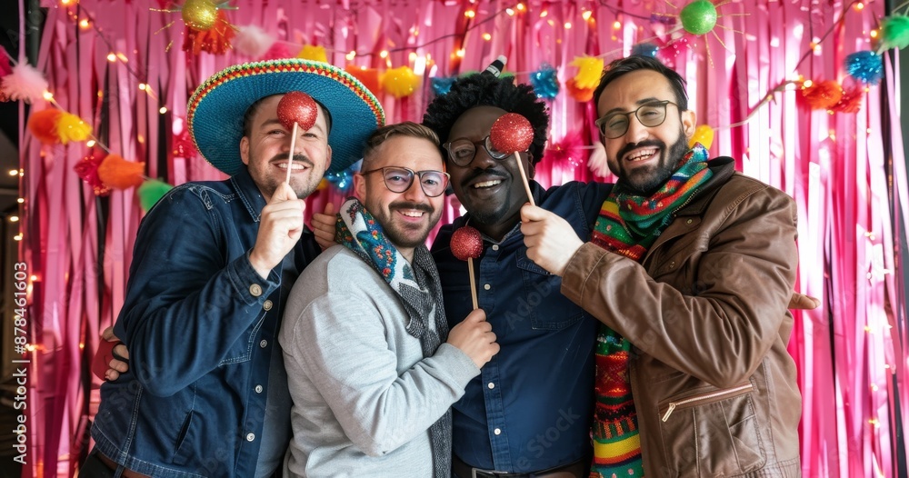 Four cheerful friends posing with festive decorations and props against a colorful backdrop Four cheerful friends posing with festive decorations and props against a colorful backdrop