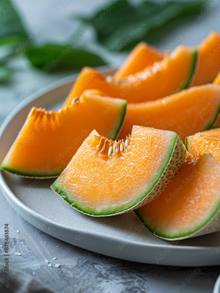 Sliced cantaloupe melon on a plate with green leaves in background. Sliced cantaloupe melon on a plate with green leaves in background.