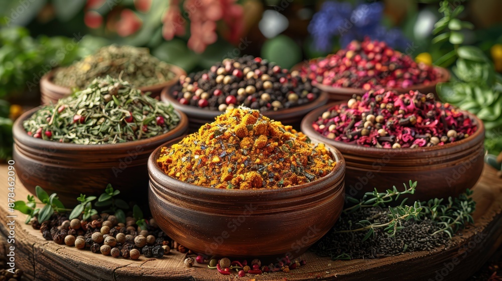 Various colorful spices in wooden bowls highlight the rich diversity in flavors, textures, and culinary possibilities, celebrating the culinary arts and the cultural heritage of global cuisine. Various colorful spices in wooden bowls highlight the rich diversity in flavors, textures, and culinary possibilities, celebrating the culinary arts and the cultural heritage of global cuisine.