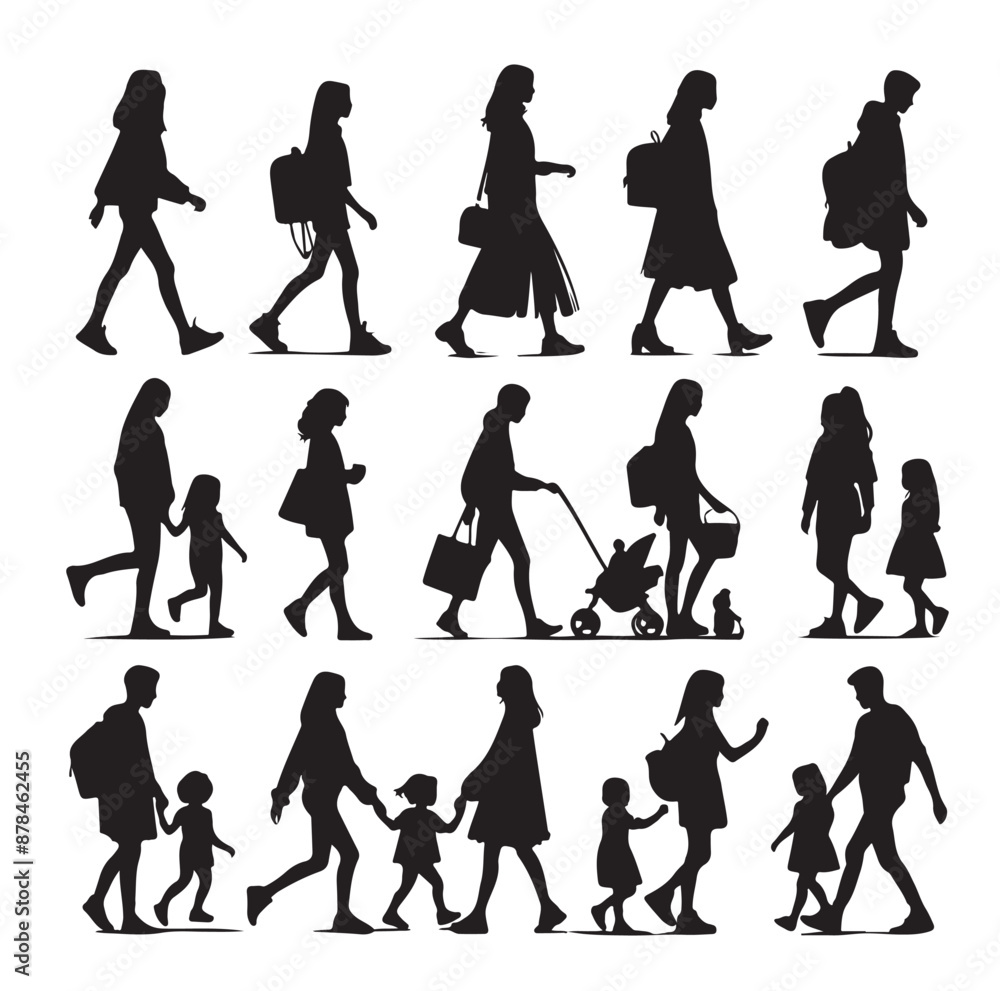 Obraz premium Set of Silhouette Walking People and Children. Illustration Vector 