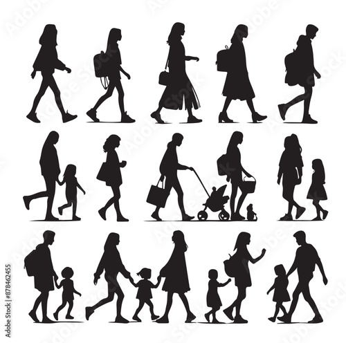 Set of Silhouette Walking People and Children. Illustration Vector 