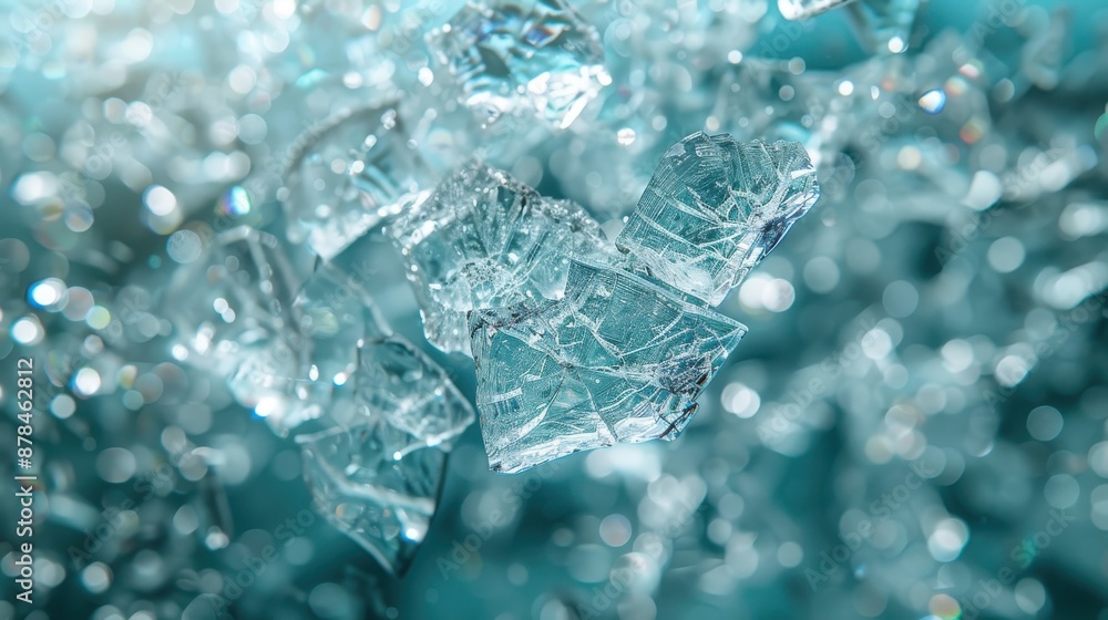 A high-resolution image capturing clear shattered glass pieces floating in the air, emphasizing transparency, edges, and intricate details with a bokeh background.