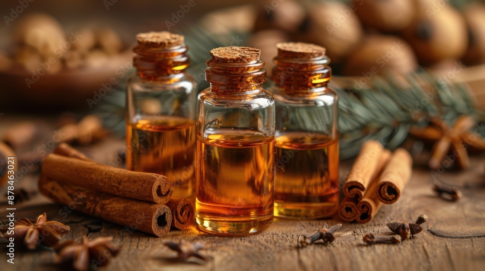 Three corked vials of aromatic essential oils surrounded by cinnamon sticks and star anise, set on a rustic wooden surface, creating a warm and earthy ambiance. Three corked vials of aromatic essential oils surrounded by cinnamon sticks and star anise, set on a rustic wooden surface, creating a warm and earthy ambiance.