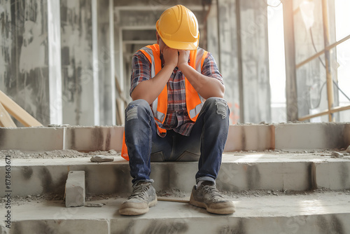 Stressed, tired man sits on stairs, lost job, fired from company, Unemployed engineer, worker crisis