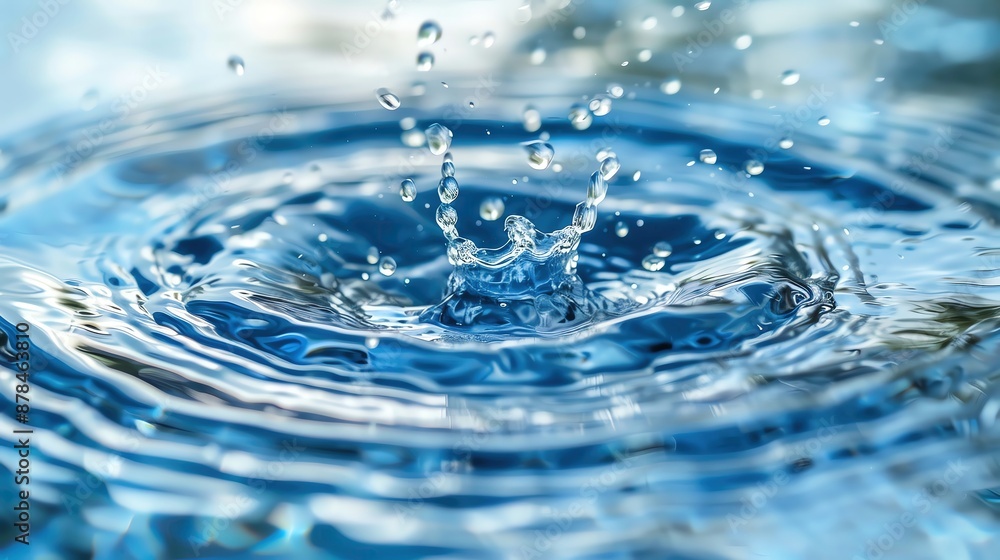 Close-up shot of water droplets creating ripples in a vibrant blue surface, capturing the motion and beauty of water in nature. Close-up shot of water droplets creating ripples in a vibrant blue surface, capturing the motion and beauty of water in nature.