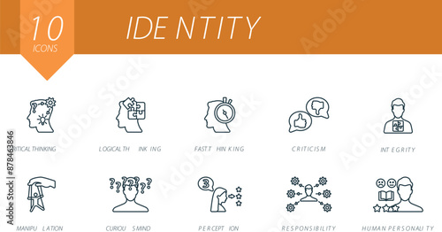 Identity outline icons set. Creative icons: critical thinking, logical thinking, fast thinking, criticism, integrity, manipulation, curious mind, perception, responsibility, human personality.