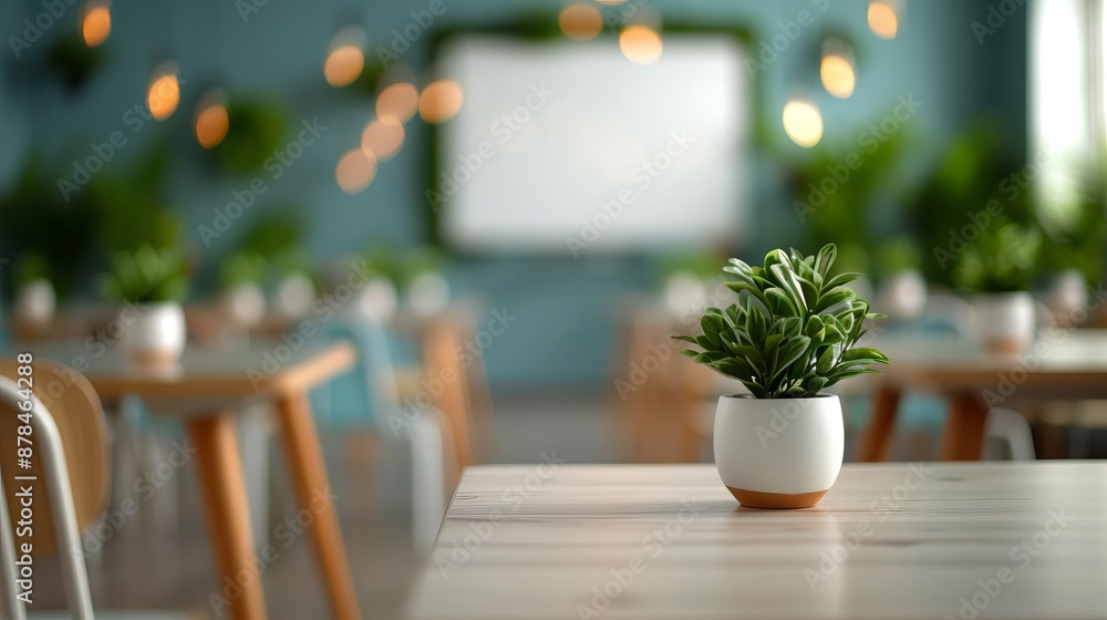 Closeup of a potted plant on a wooden table in a cafe or restaurant setting. Closeup of a potted plant on a wooden table in a cafe or restaurant setting.
