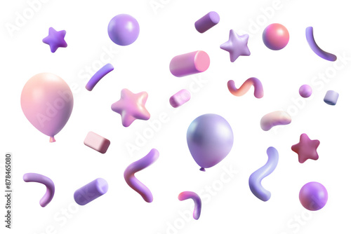 Party clappers confetti 3d vector, shapes, balloon. Birthday or carnival fireworks or popper paper streamers, star and elements for greeting design. Pastel purple.