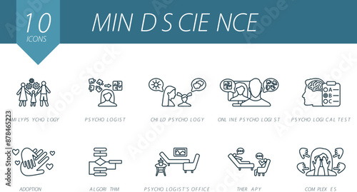 Mind science outline icons set. Creative icons: family psychology, psychologist, child psychology, online psychology, psychological test, adoption, algorithm, psychologist's office, therapy, complexes