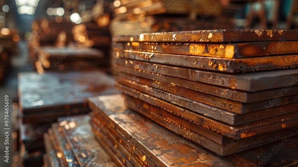Neatly stacked metallic sheets in an organized warehouse setting, showcasing the texture and shine of metal in an industrial storage space, reflecting order and robustness. Neatly stacked metallic sheets in an organized warehouse setting, showcasing the texture and shine of metal in an industrial storage space, reflecting order and robustness.