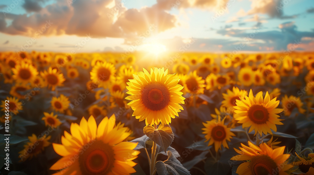 Obraz premium a field of blooming sunflowers at sunset