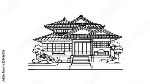 japanese style house one line illustration