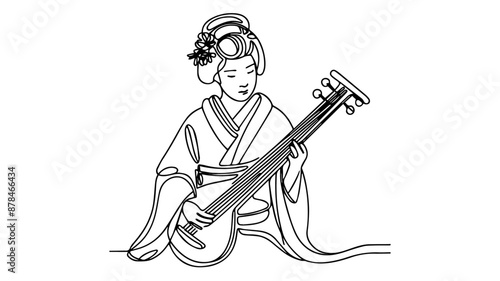 woman playing biwa instrument single line illustration