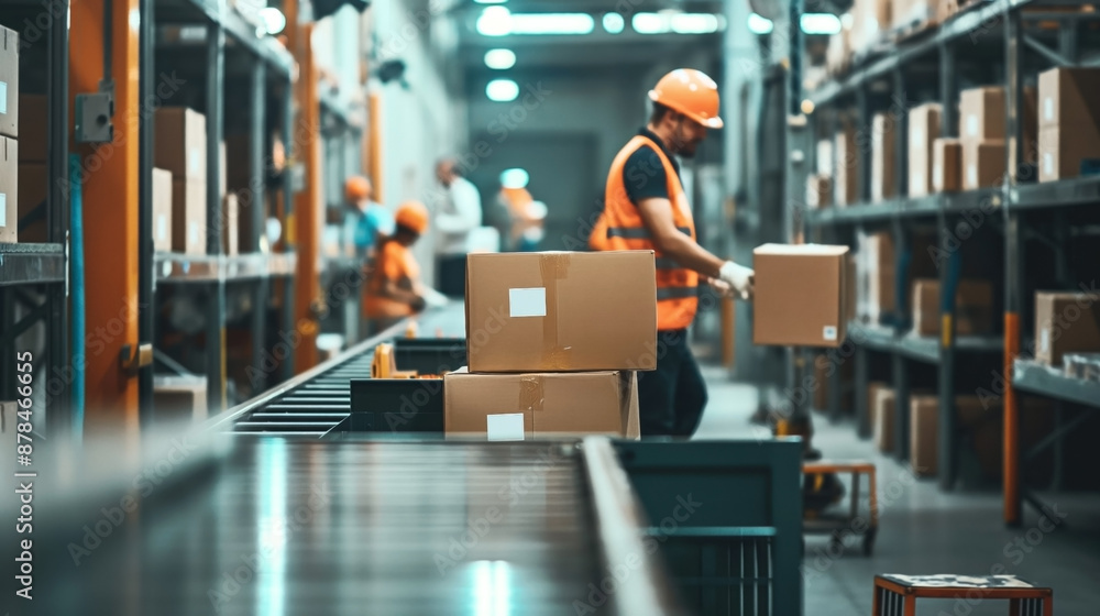 Workers in orange safety vests operate in a busy warehouse, handling and organizing packages for distribution. Workers in orange safety vests operate in a busy warehouse, handling and organizing packages for distribution.