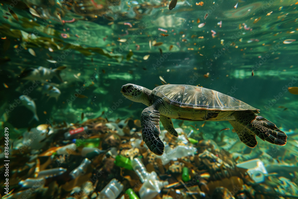 Close Up, Sea turtle swimming among plastic pollution and discarded bottles Close Up, Sea turtle swimming among plastic pollution and discarded bottles
