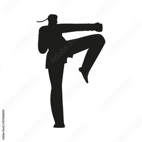 Muay Thai man fighter vector black silhouette, kickboxer doing a knee strike, Thailand martial art, combat sport pose