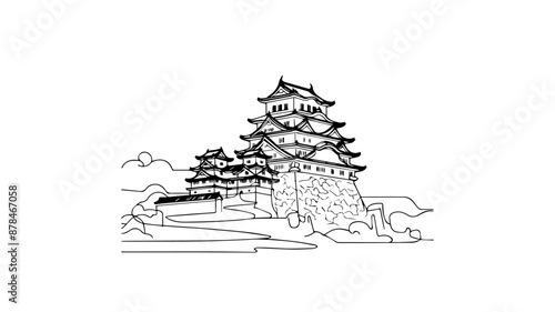 vintage japanese style castle line art illustration 