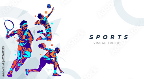 sport background, national sports day celebration concept, with abstract geometric ornament and illustration of sports athlete football player, badminton, basketball, baseball, tennis, volleyball