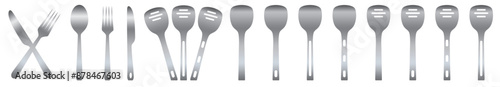 Fork, knife, spoon and plate Stainless Steel set icons. Tableware set flat style.