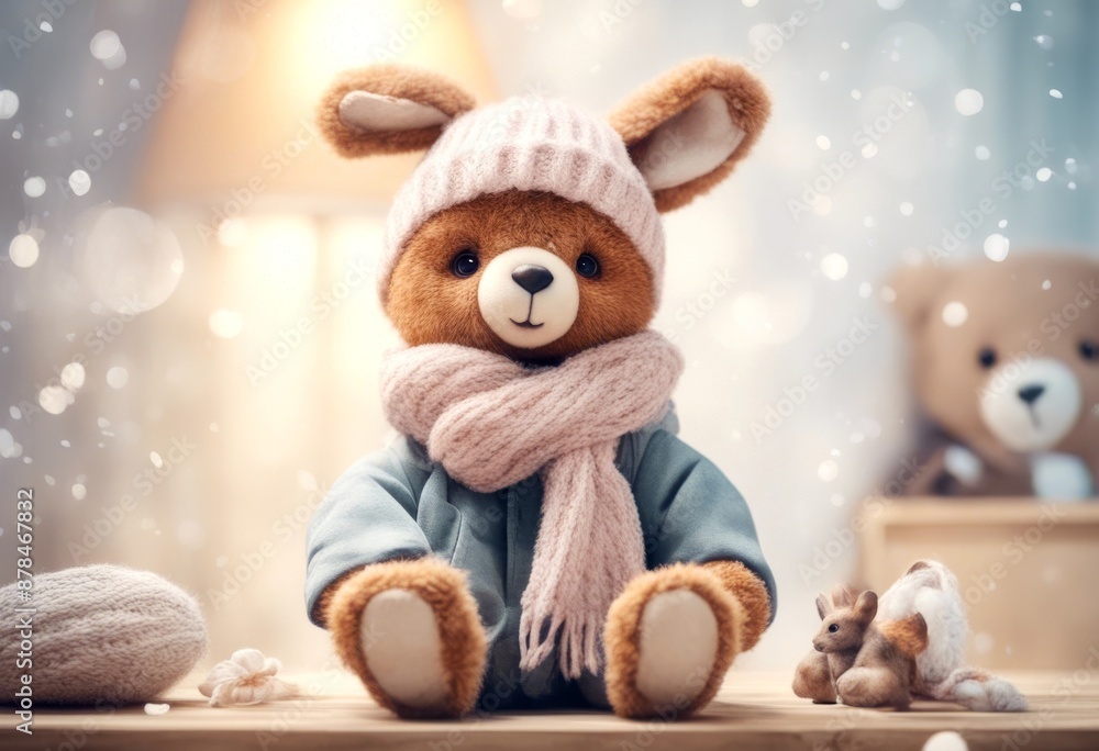 Fototapeta premium s lovely fur happy posters olated face bear hat bunny postcard watercolor illustrations colours room animals set children a coat cute poster teddy rabbit